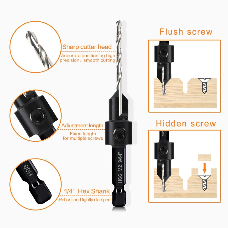 DECKRKAT 5-pc Woodworking Countersink Counterbore Drill Bit Set 3in1 for #6 8 10 12 16 Screws, M2 Pilot Drill Bits Adjustable Depth, 82-Degree Chamfer with Stop, 1/4Hex Shank, Includes 2 Allen Wrenches - Image 3